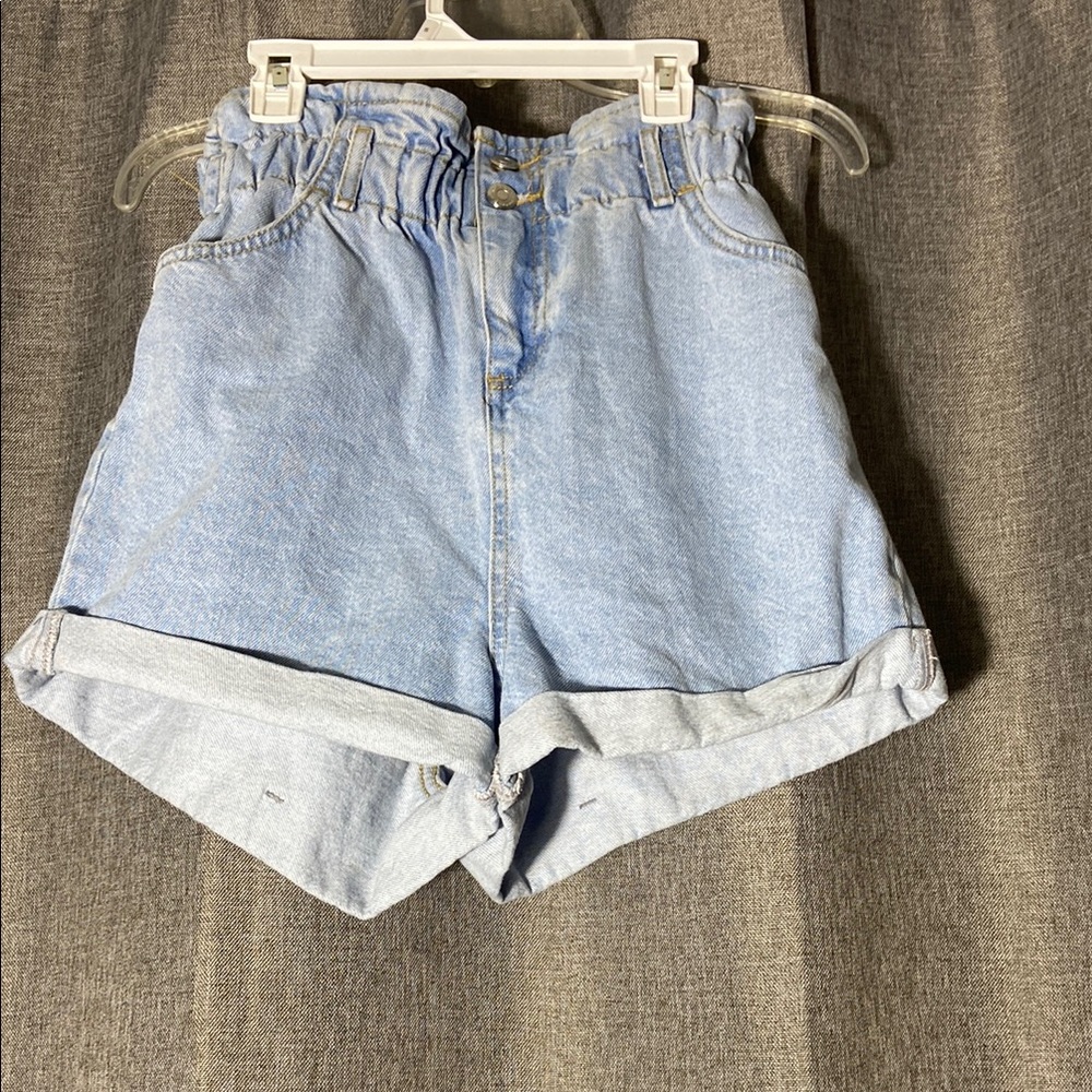 Topshop Blue Jean mom Shorts with Paper-Bag Waist